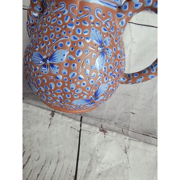 VTG Terra Cotta Clay Handmade Chinese Enamel Blue Butterflies Yixing Teapot 5 In - Picture 10 of 11